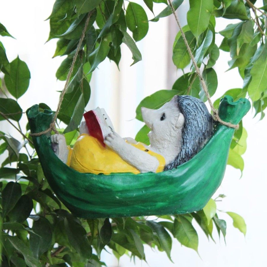 Garden Decor Wonderland Garden Statues | Hanging Hedgehog On Hammock (Light Green)