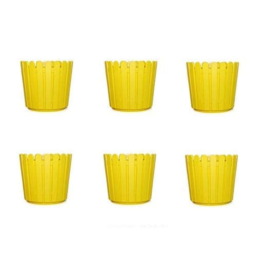 Garden Planters Wonderland | 6 Inches Pplastic Round Fence Garden Pots For Outdoor, Set Of 6 (Yellow)