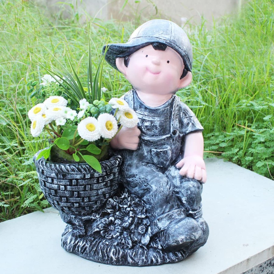 Garden Planters Wonderland | Boy On Stone With Pot Planter For Garden Decoration (Grey)