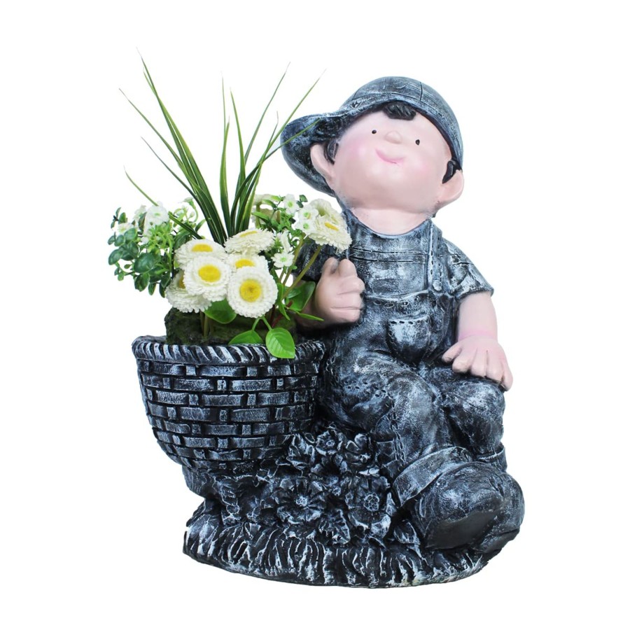 Garden Planters Wonderland | Boy On Stone With Pot Planter For Garden Decoration (Grey)