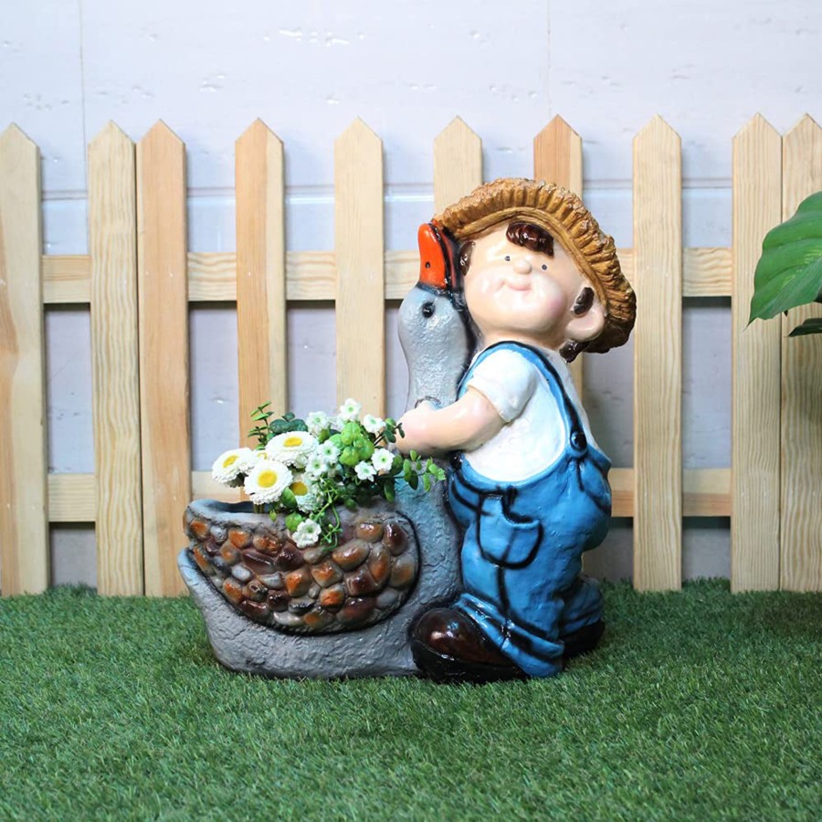 Garden Planters Wonderland | Boy With Duck Pot Planter For Balcony And Garden Decoration