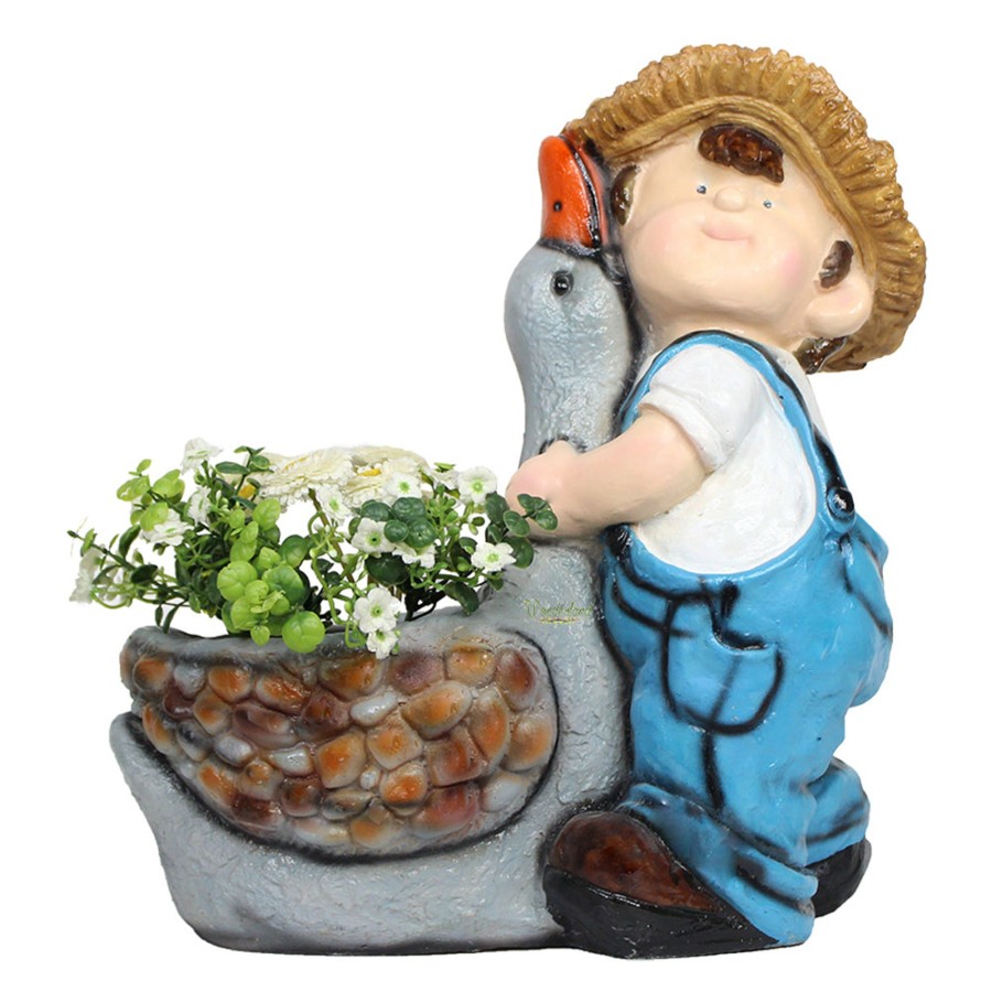 Garden Planters Wonderland | Boy With Duck Pot Planter For Balcony And Garden Decoration