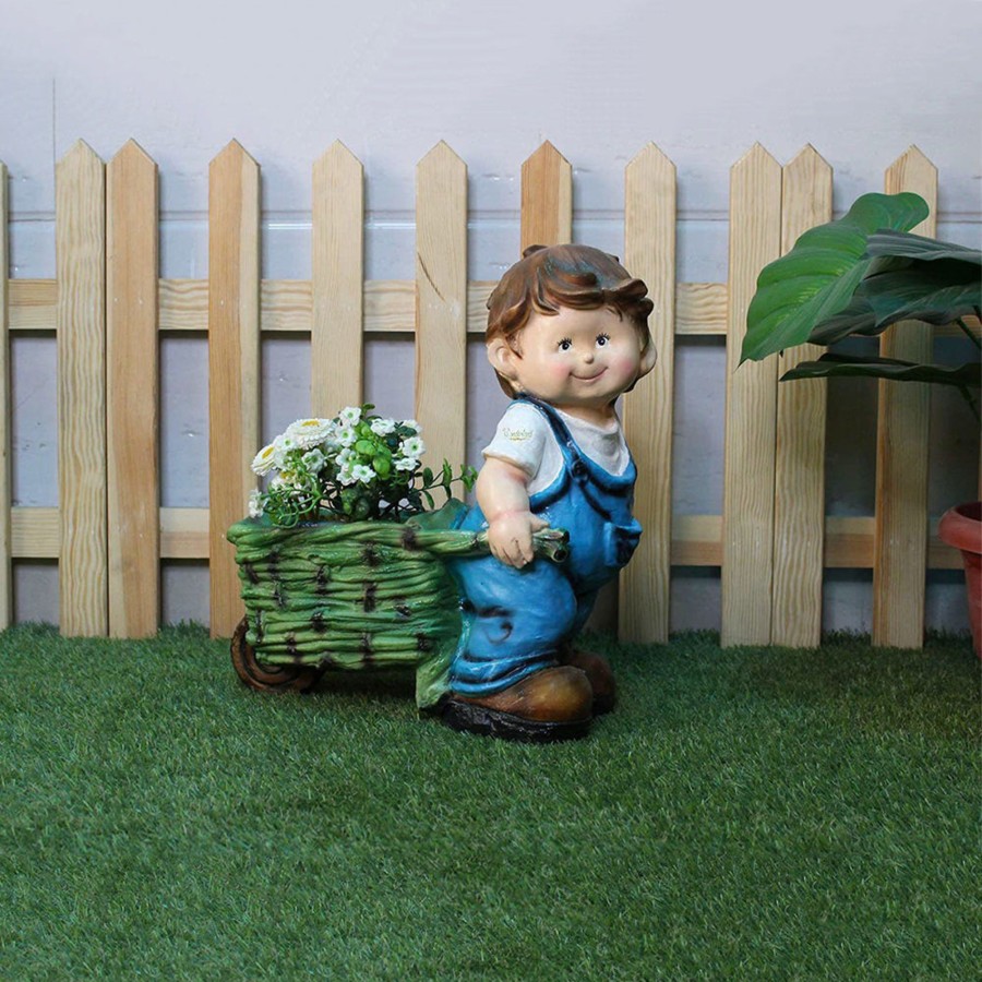 Garden Planters Wonderland | Boy Pushing Trolley Pot Planter For Balcony And Garden Decoration