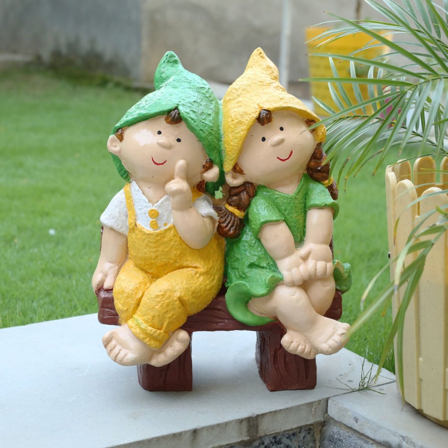 Garden Planters Wonderland | Wonderland Two Elves Sitting On Bench 3 (Yellow & Green)| Sculpture Of Children For Home And Balcony Decoration