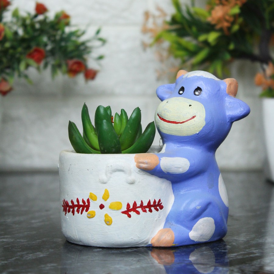 Garden Planters Wonderland | Cow Succulent Pot For Home And Balcony Decoration (Blue)