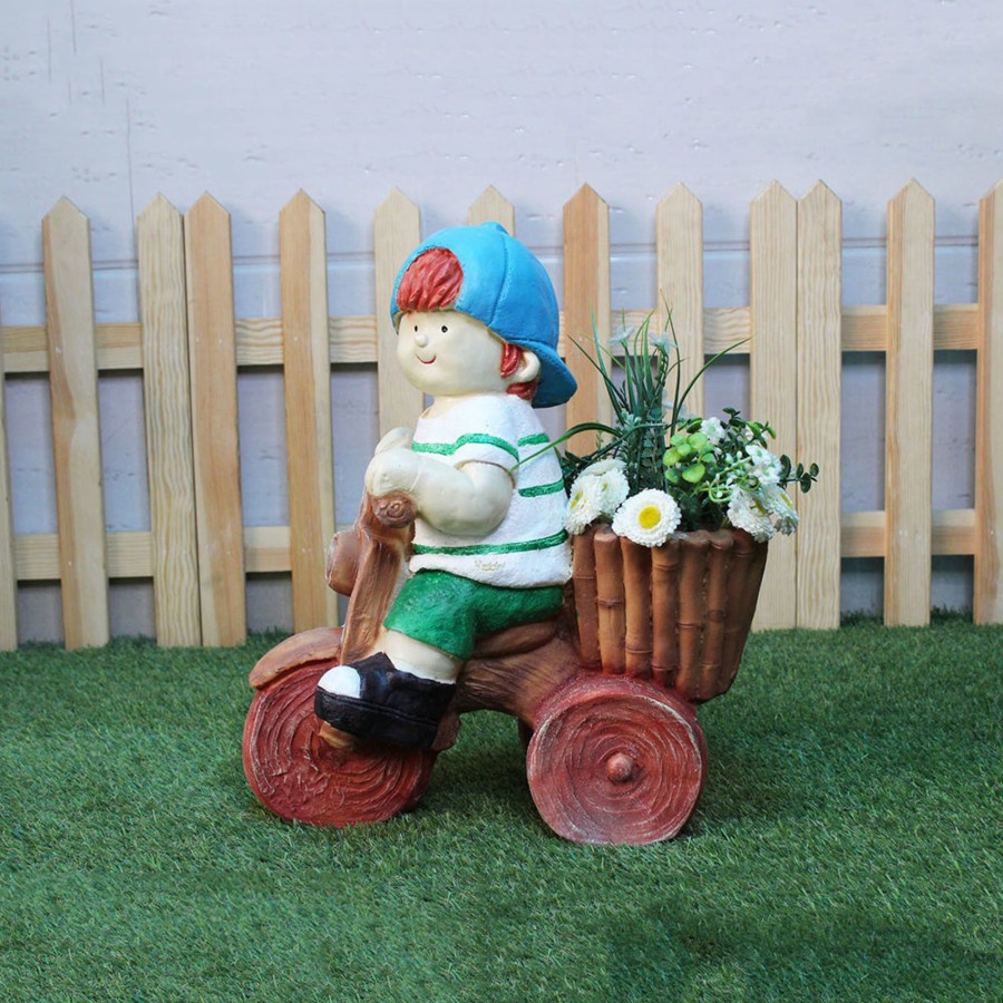 Garden Planters Wonderland | Boy On Cycle Pot Planter For Balcony And Garden Decoration (Light Green)