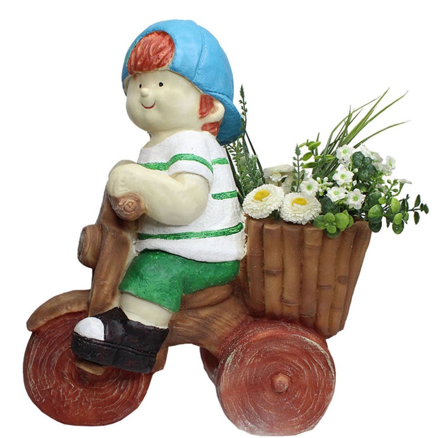 Garden Planters Wonderland | Boy On Cycle Pot Planter For Balcony And Garden Decoration (Light Green)