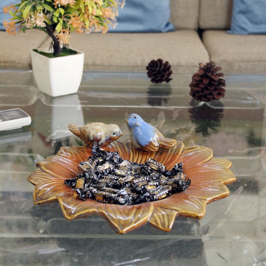 Home Decor Wonderland Trays & Platters | Ceramic Sunflower Tray, Platter With Two Birds, Keeping Trinkets, Jewellery, Home Decoration