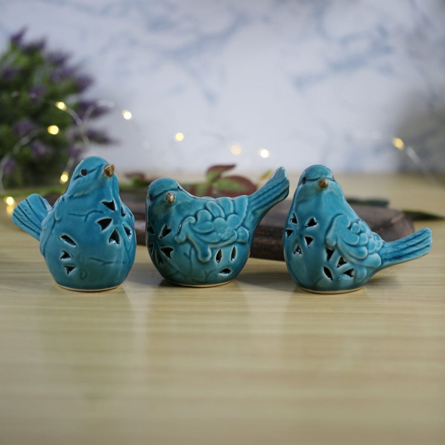 Home Decor Wonderland Animal And Bird Figurine | Wonderland Imported Sea Green Ceramic Birds (Set Of 3)