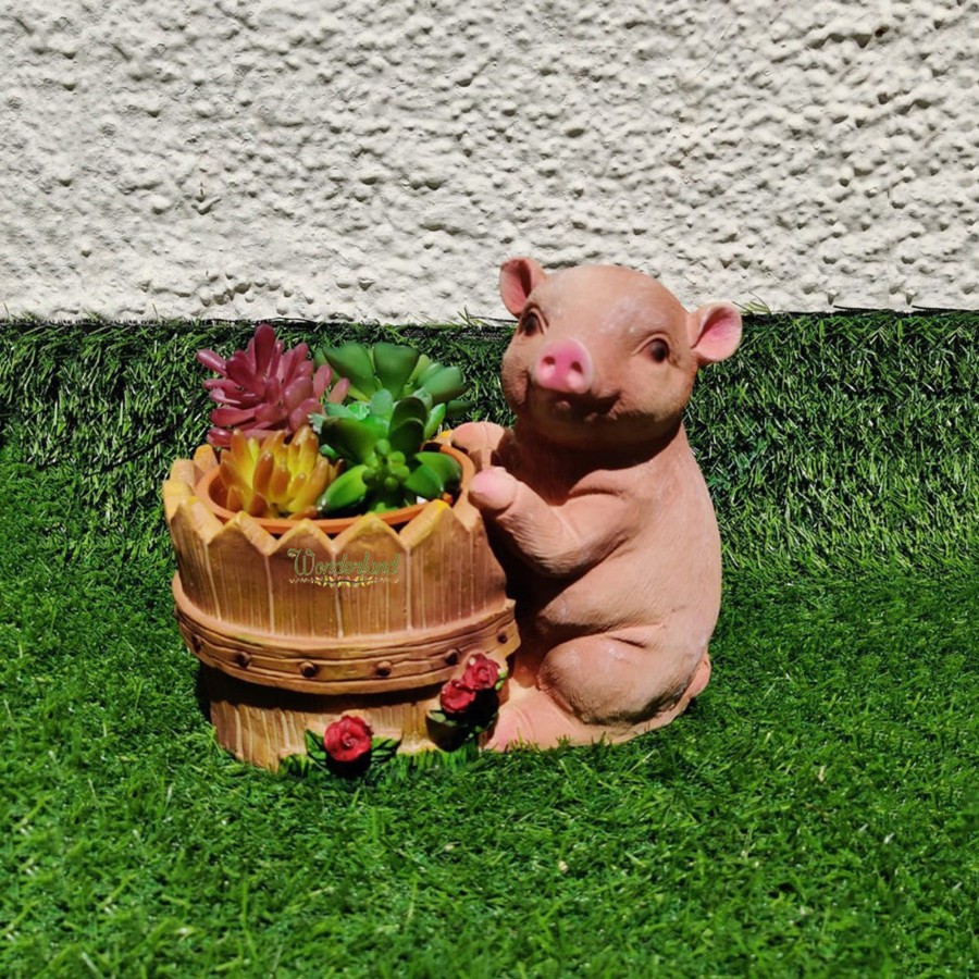 Garden Planters Wonderland | Pig With Basket Succulent Pot For Home And Balcony Decoration (Pink)