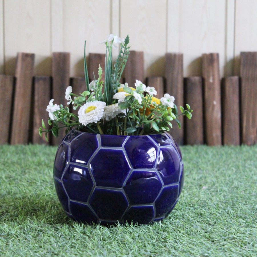 Garden Planters Wonderland | Ceramic Football Flower Pot Planter (Blue)