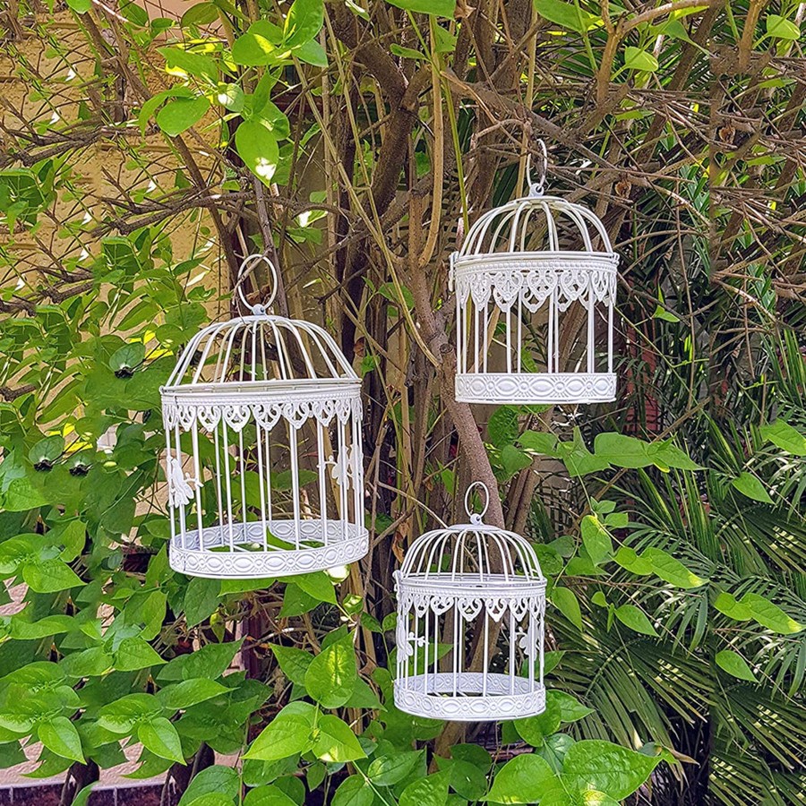 Garden Decor Wonderland Metal Yard Art | (Set Of 3) Metal Bird Cage For Home And Balcony Decoration (White)