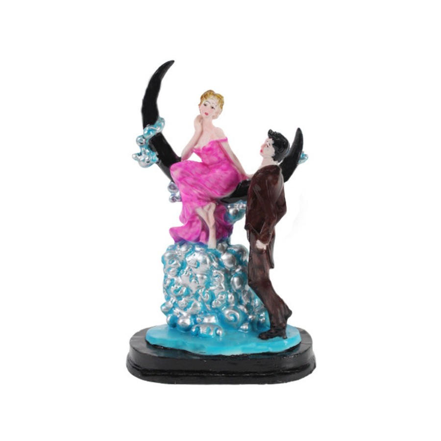 Home Decor Wonderland Human Figurine | Wonderland Resin Romantic Couple Sitting On Moon Statue Showpiece (Pink & Maroon )