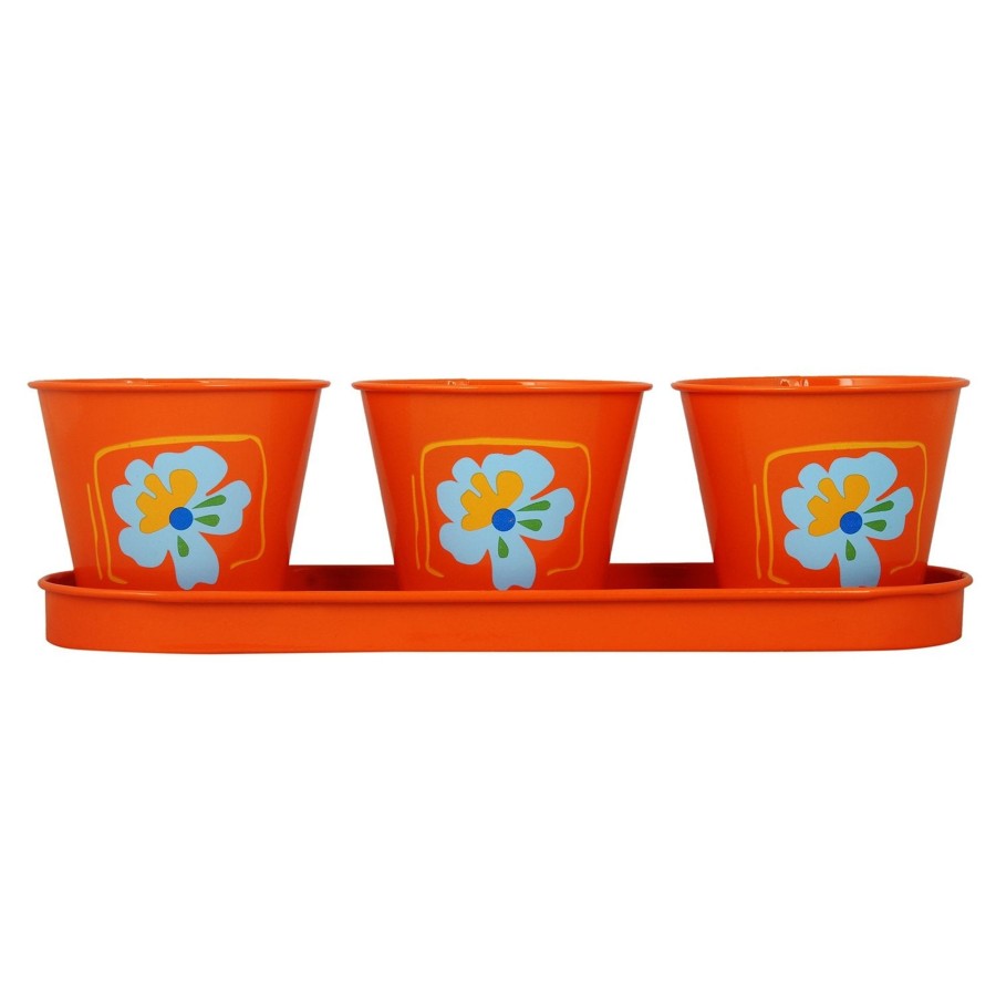 Garden Planters Wonderland | (Set Of 3) Metal Pots With Tray For Home Decoration