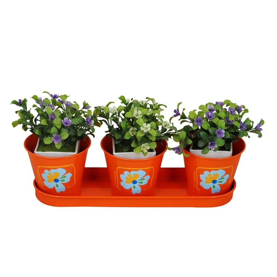 Garden Planters Wonderland | (Set Of 3) Metal Pots With Tray For Home Decoration