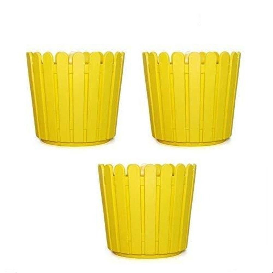 Garden Planters Wonderland | 8 Inches Plastic Round Fence Garden Pots For Outdoor (Set Of 3) (Yellow)