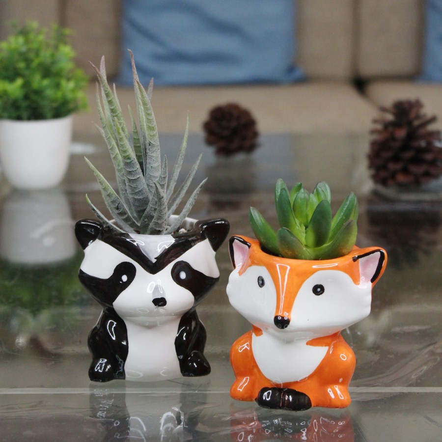 Garden Planters Wonderland | Imported Set Of 2 Ceramic Black And Orange Fox Small Size Plant Pot