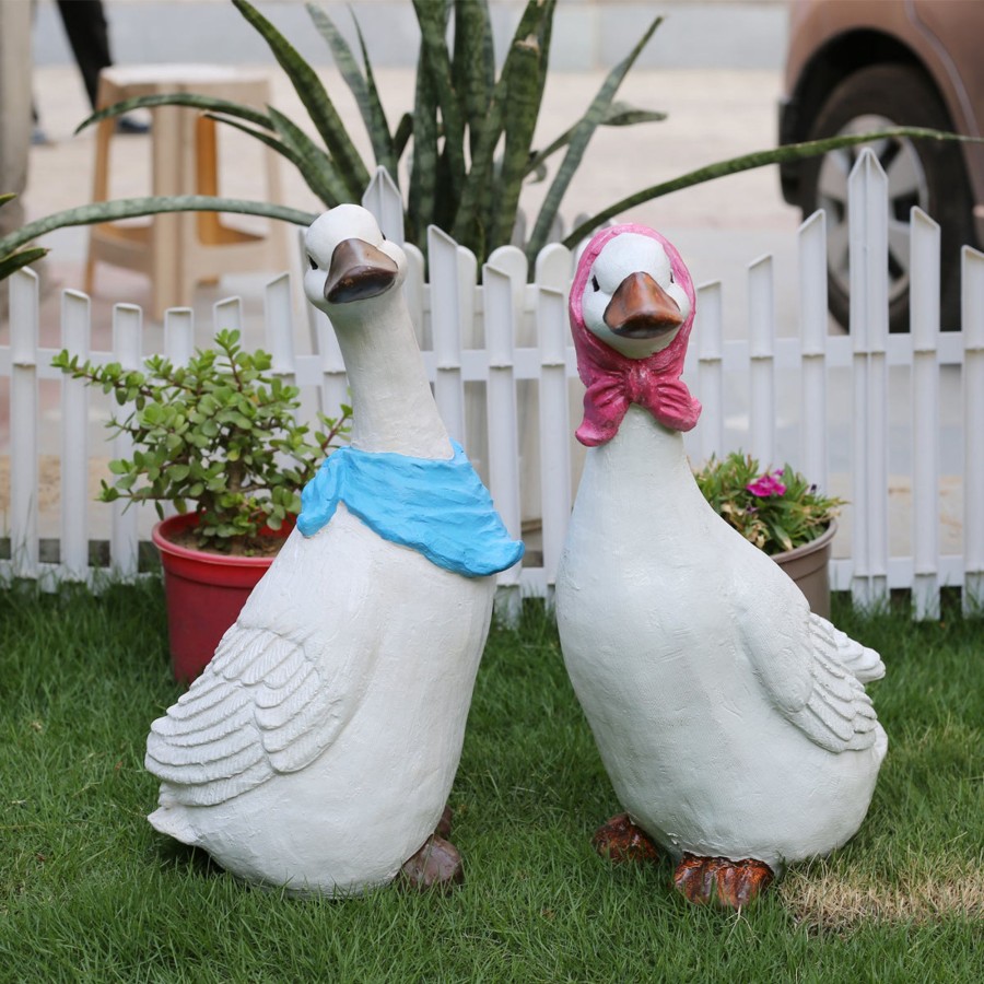 Garden Decor Wonderland Garden Statues | (Set Of 2) Ducks/Geese With Blue & Red Scarf Statue