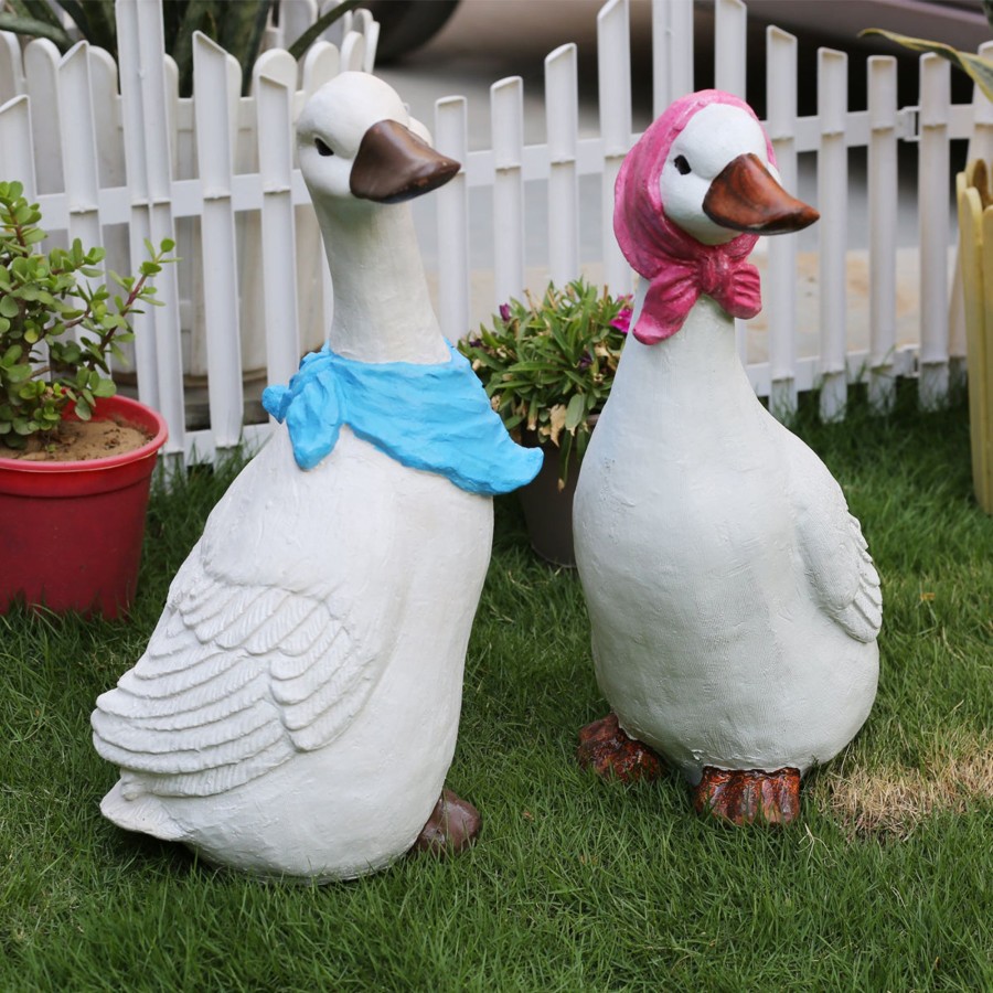 Garden Decor Wonderland Garden Statues | (Set Of 2) Ducks/Geese With Blue & Red Scarf Statue