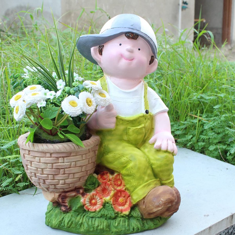 Garden Planters Wonderland | Boy On Stone With Pot Planter For Balcony And Garden Decoration