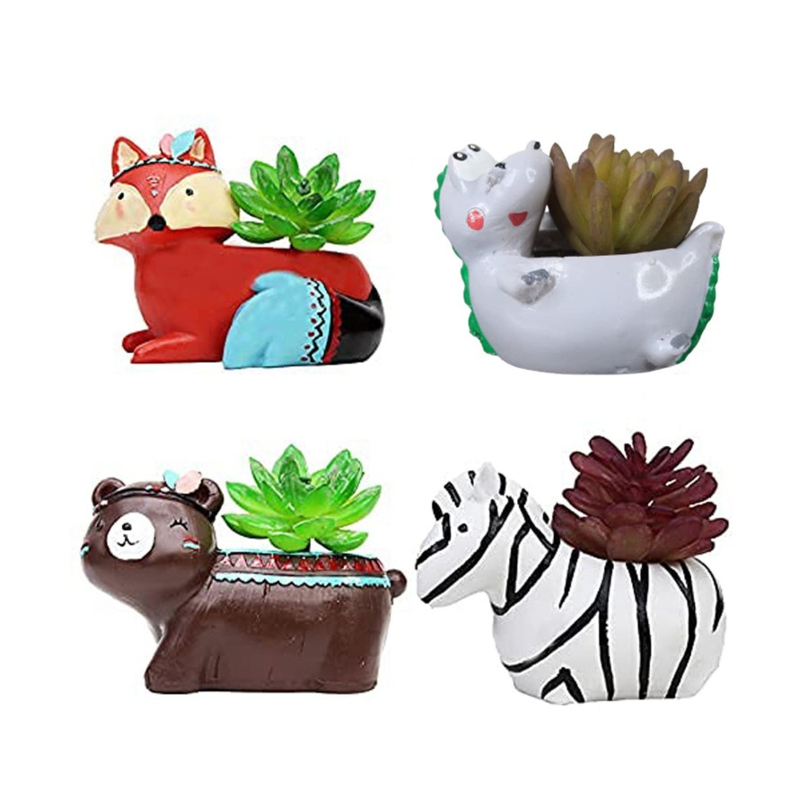 Garden Planters Wonderland | (Set Of 4) Fox, Bear, Dragon & Zebra Succulent Pot