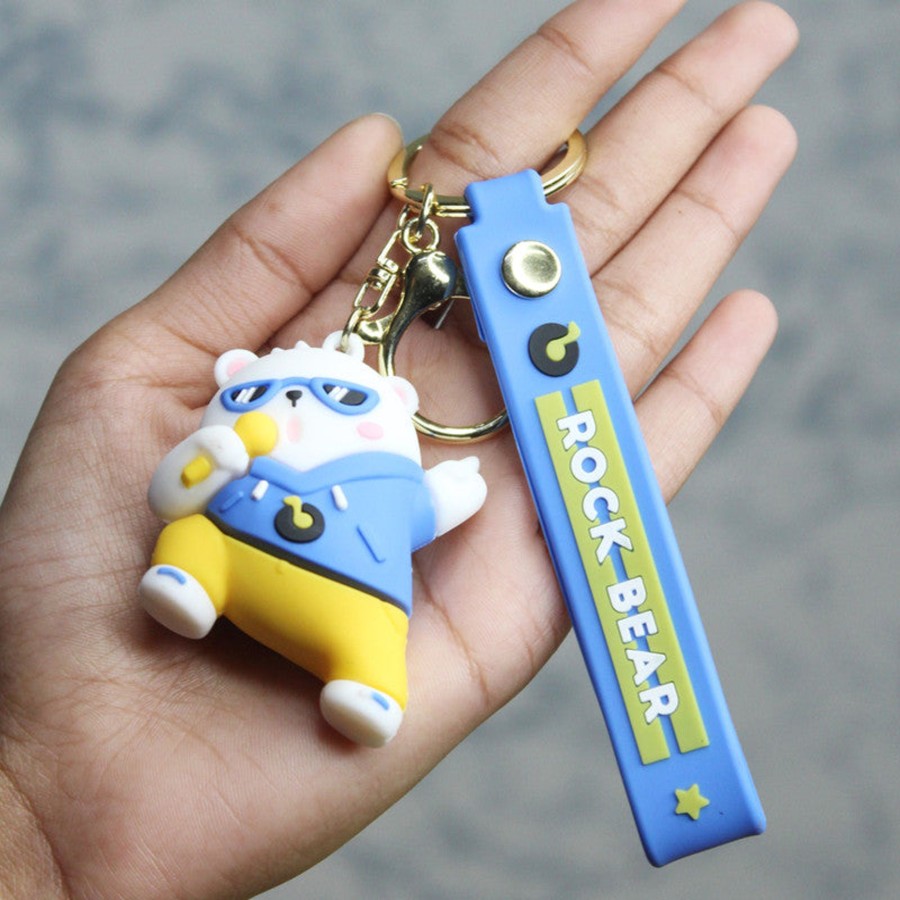 Gifts Wonderland | Wonderland Rock Bear Keychain In Blue 2-In-1 Cartoon Style Keychain And Bag Charms Fun And Functional Accessories For Bags And Keys