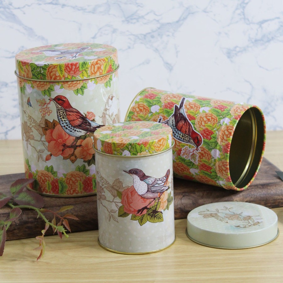 Home Decor Wonderland Container | (Set Of 3) Metal Orange Floral With Birds Storage Containers