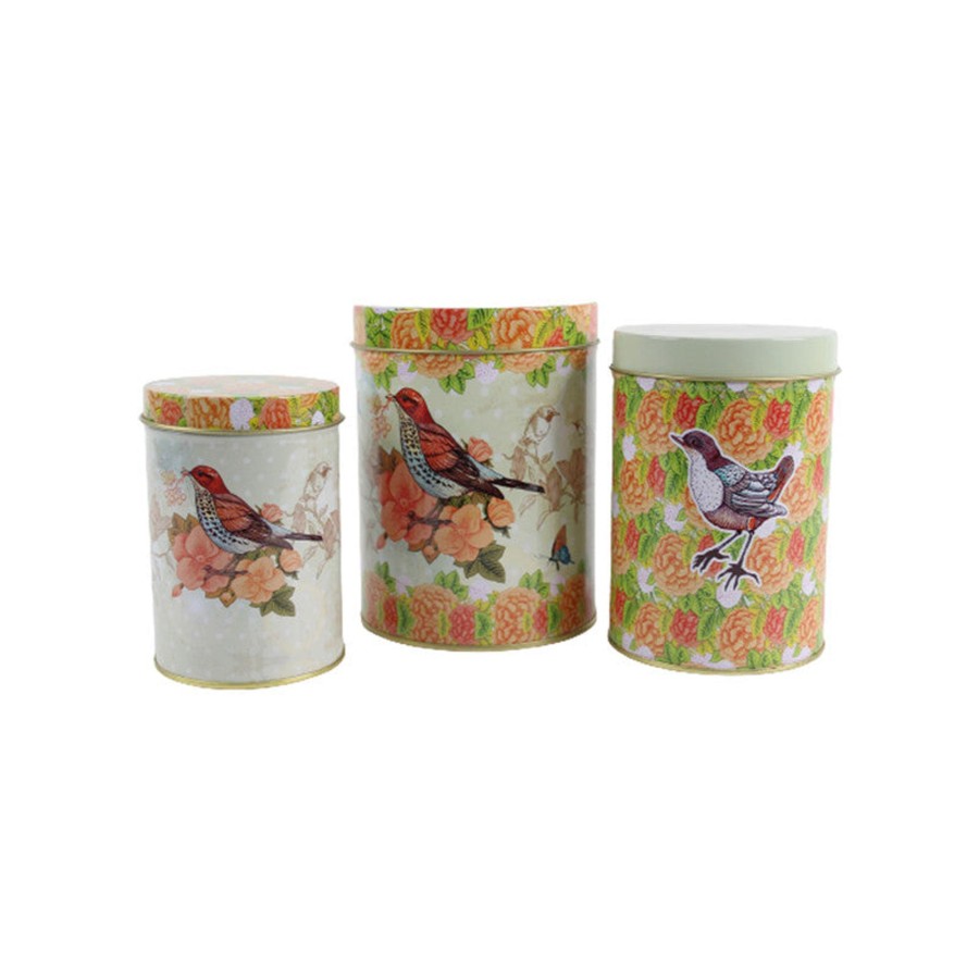 Home Decor Wonderland Container | (Set Of 3) Metal Orange Floral With Birds Storage Containers