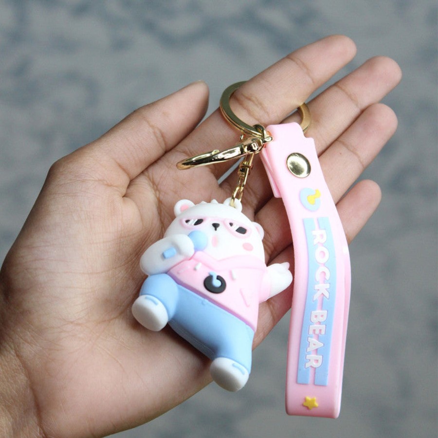 Gifts Wonderland | Wonderland Rock Bear Keychain In Pink 2-In-1 Cartoon Style Keychain And Bag Charms Fun And Functional Accessories For Bags And Keys