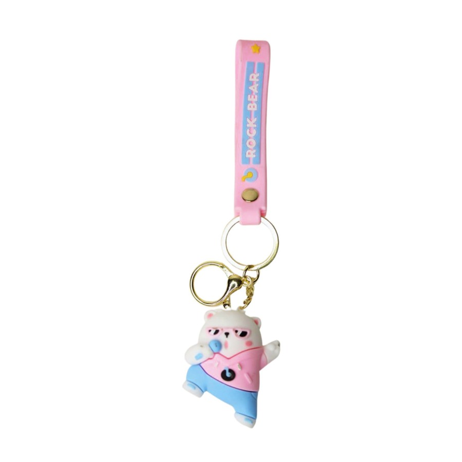 Gifts Wonderland | Wonderland Rock Bear Keychain In Pink 2-In-1 Cartoon Style Keychain And Bag Charms Fun And Functional Accessories For Bags And Keys