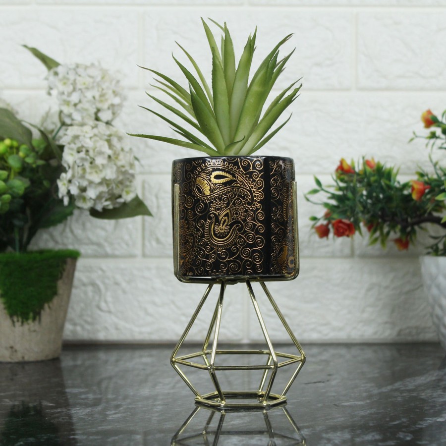 Garden Planters Wonderland | Black And Gold Ceramic Pot With Artificial Succulent And Stand