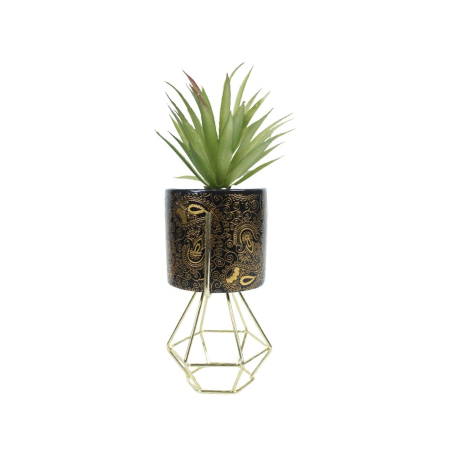 Garden Planters Wonderland | Black And Gold Ceramic Pot With Artificial Succulent And Stand