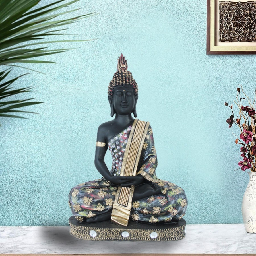 Garden Decor Wonderland Buddha And Monk Statue | 18 Inche Buddha Statue With Stones (Black & Golden)