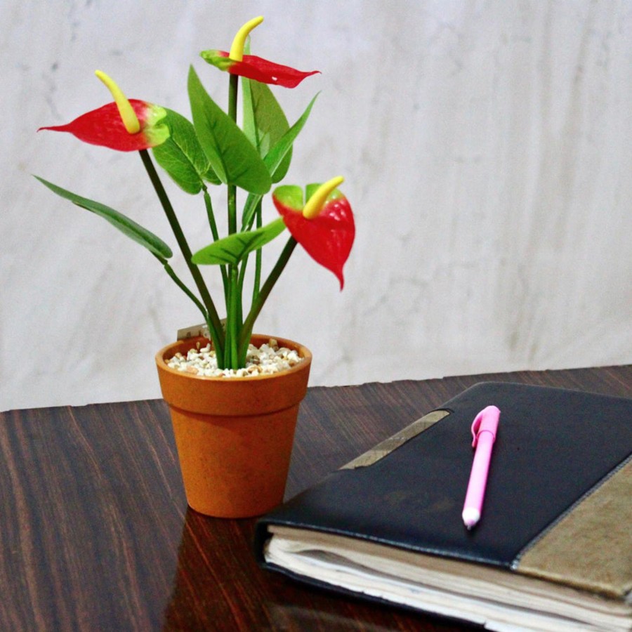 Artificial Turf Plants Wonderland | Artificial Anthurium Flower With Plastic Pot In Red