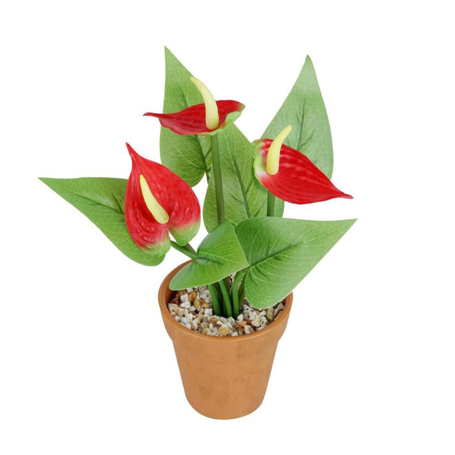 Artificial Turf Plants Wonderland | Artificial Anthurium Flower With Plastic Pot In Red