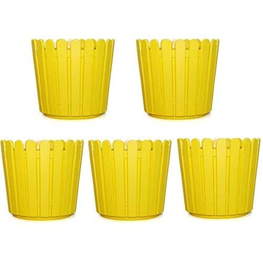 Garden Planters Wonderland | 8 Inches Plastic Round Fence Garden Pots For Outdoor (Set Of 5) (Yellow)