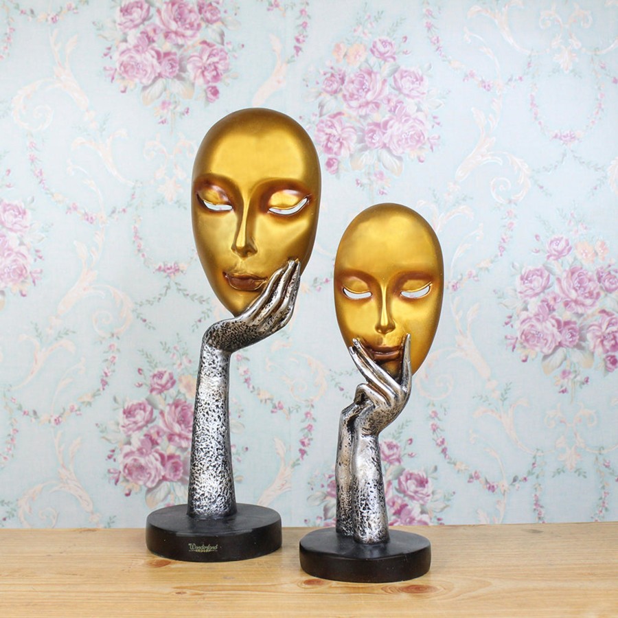 Home Decor Wonderland Table Top Decor | (Set Of 2) Big & Small Golden Faces For Home Decor.