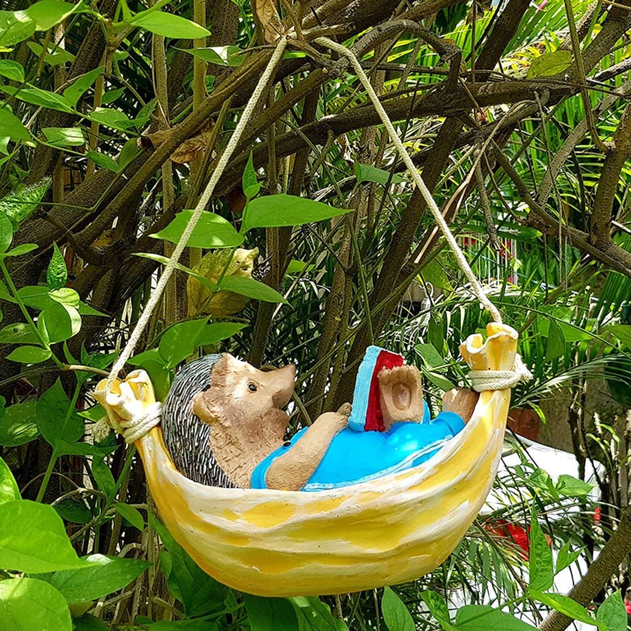 Garden Decor Wonderland Garden Statues | Hanging Hedgehog On Hammock Reading Book