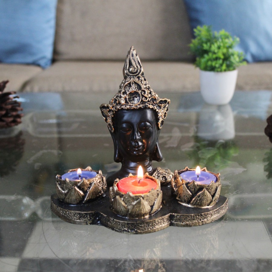 Home Decor Wonderland Table Top Decor | Wonderland Buddha Idol Statue Showpiece With (Golden )Candle Holder For Living Room Home Decor And