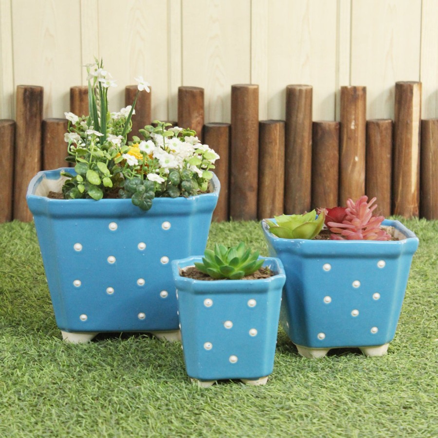 Garden Planters Wonderland | (Set Of 3) Ceramic Conical Pots Flower Pot (Light Blue)