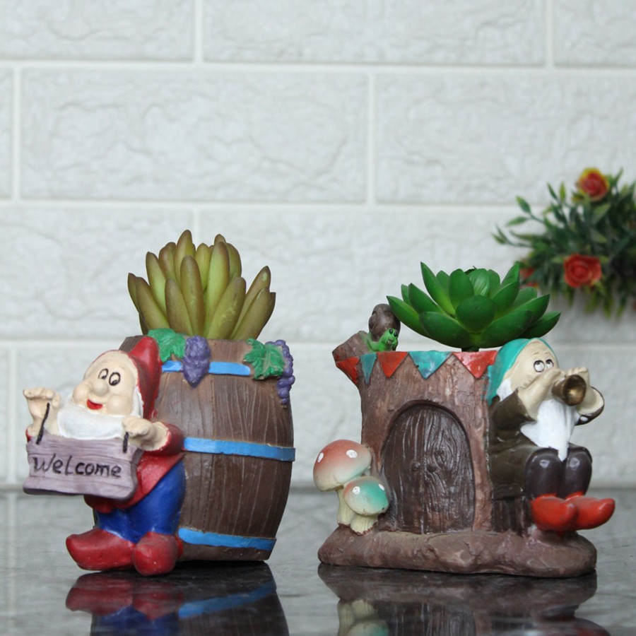 Garden Planters Wonderland | (Set Of 2) Gnome With Barrel & Gnome Outside Tree House Succulent Pot