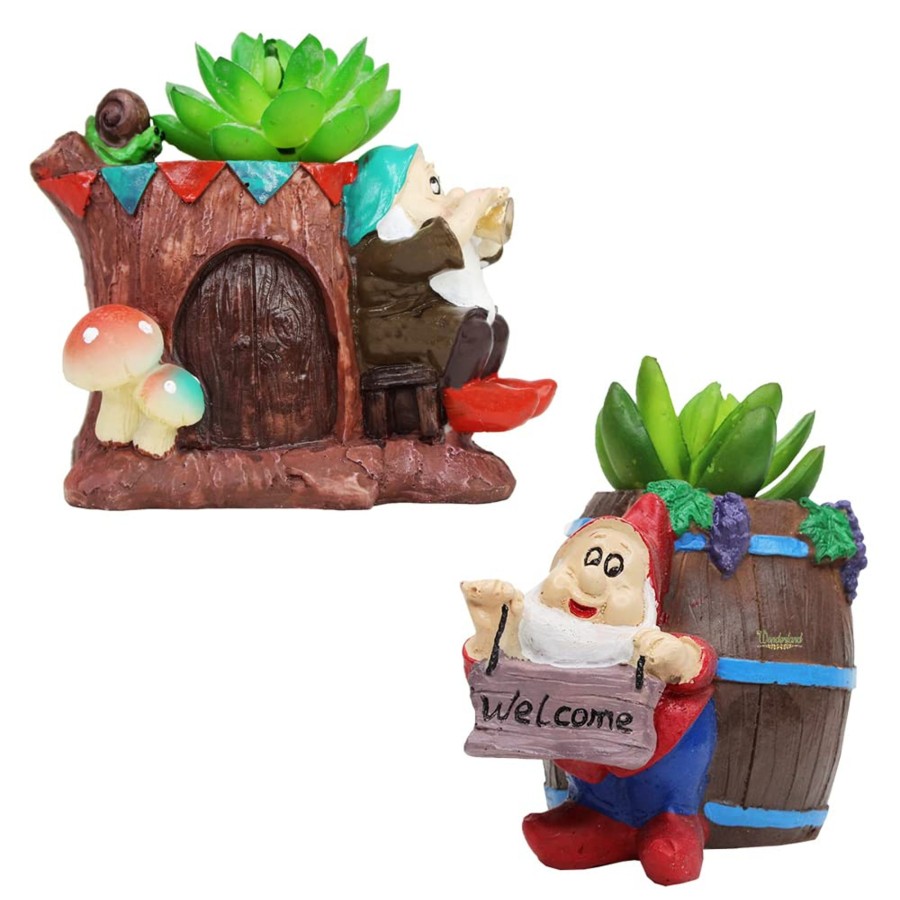 Garden Planters Wonderland | (Set Of 2) Gnome With Barrel & Gnome Outside Tree House Succulent Pot