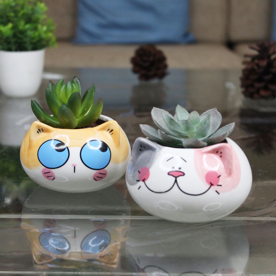 Garden Planters Wonderland | Imported Set Of 2 Ceramic Cats Small Size Plants Pot