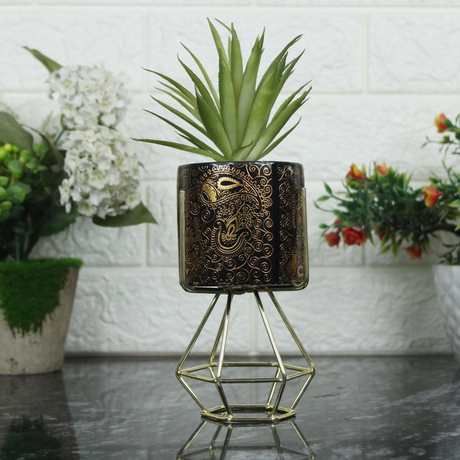 Artificial Turf Plants Wonderland | Black And Gold Ceramic Pot With Artificial Succulent And Stand