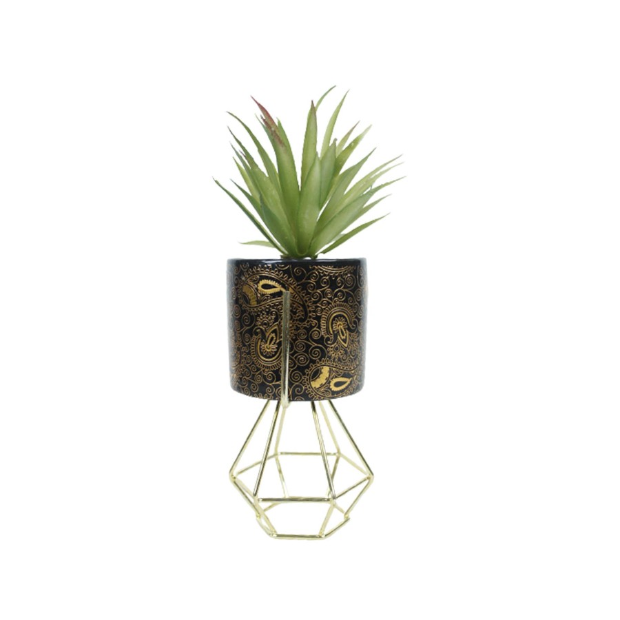 Artificial Turf Plants Wonderland | Black And Gold Ceramic Pot With Artificial Succulent And Stand