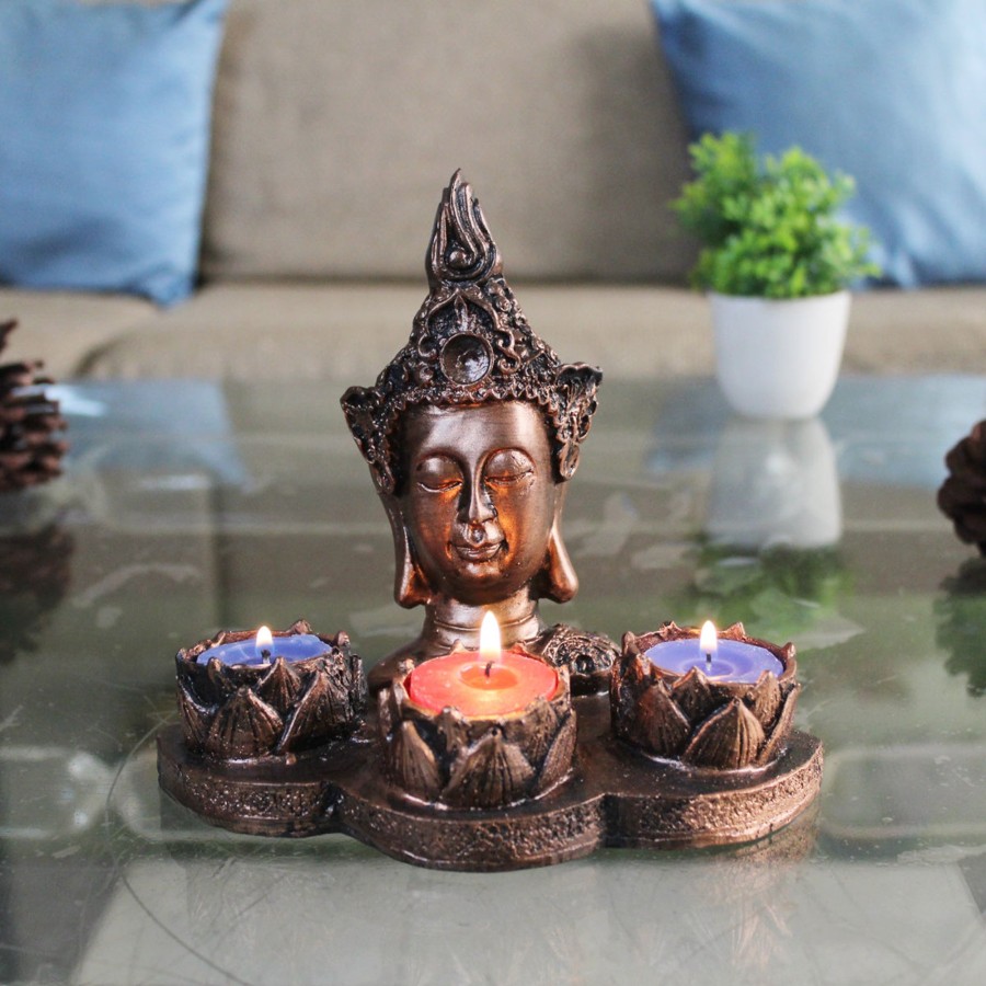 Home Decor Wonderland Table Top Decor | Wonderland Buddha Idol Statue Showpiece With (Brown )Candle Holder For Living Room Home Decor And