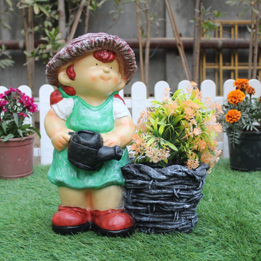 Garden Planters Wonderland | Wonderland Resin Girl Holding Water Can Planter (Green)