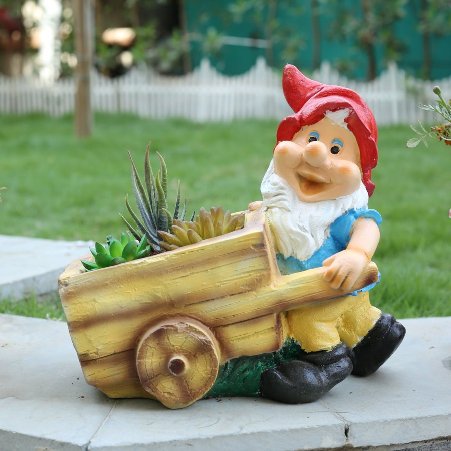 Garden Planters Wonderland | Gnome Pushing Cart Pot Planter For Home And Garden Decoration