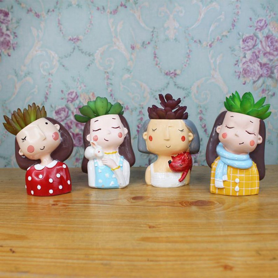 Garden Planters Wonderland | (Set Of 4) Rabbit, Red, Fox Girl & Muffler Girl Succulent Pot