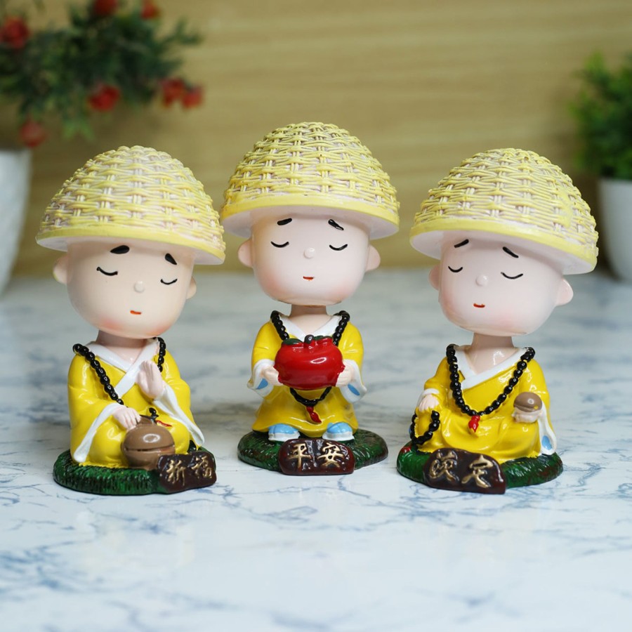 Miniature Fairy Garden Wonderland | Wonderland (Set Of 3) Meditating Monk With Shaking Head | Monk Statue| Home Decor| Gift Articles | Gift Item